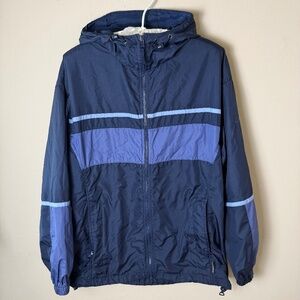 Vintage Columbia Windbreaker Jacket Womens Medium Navy Blue Packable Hooded Y2K